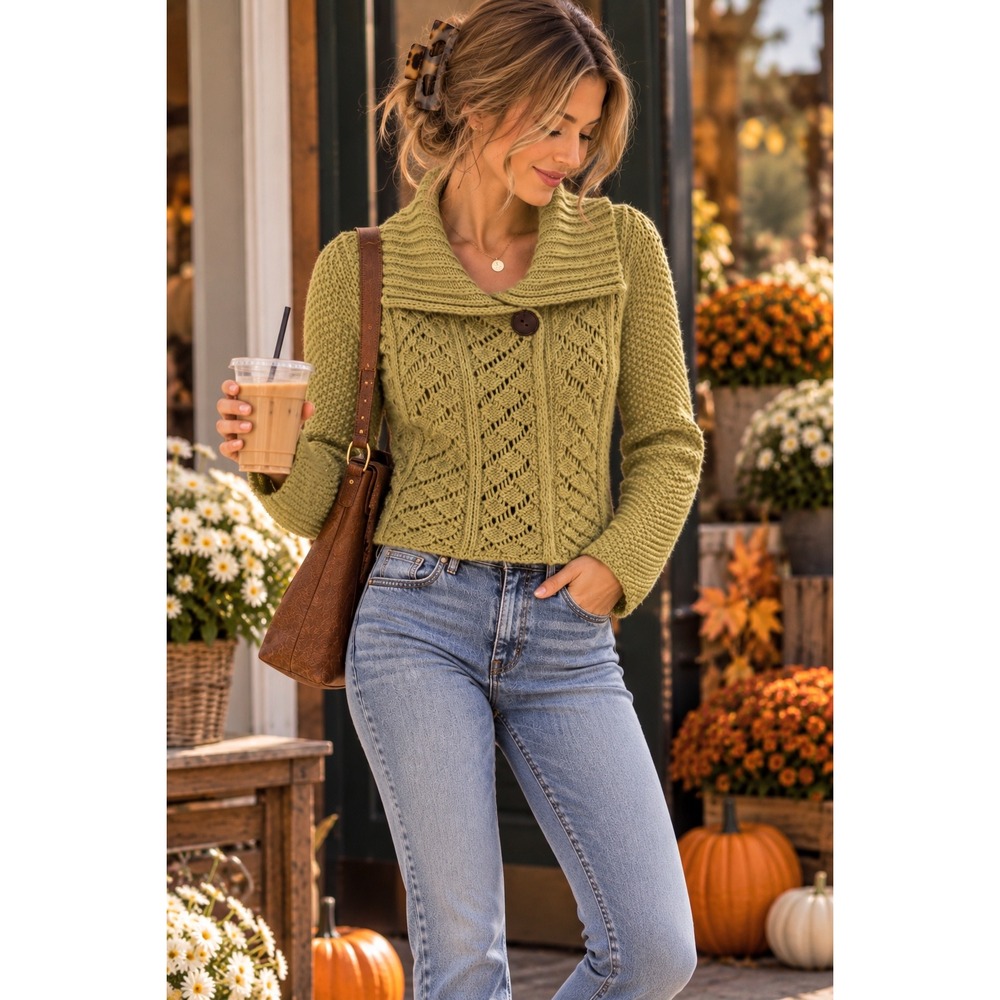 Caslon Sage Green Wool Blend Chunky Knit Shawl Collar Cardigan Sweater XS Petite